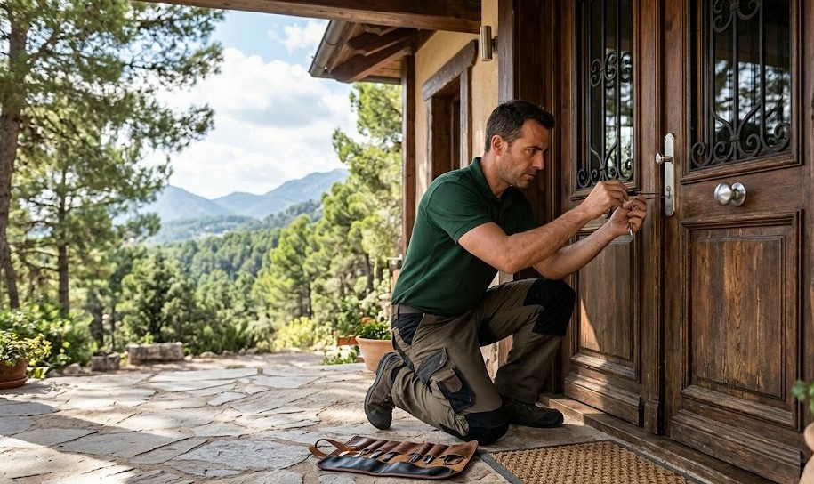 Cerrajero instalando cerradura anti-bumping en chalet de Olivella